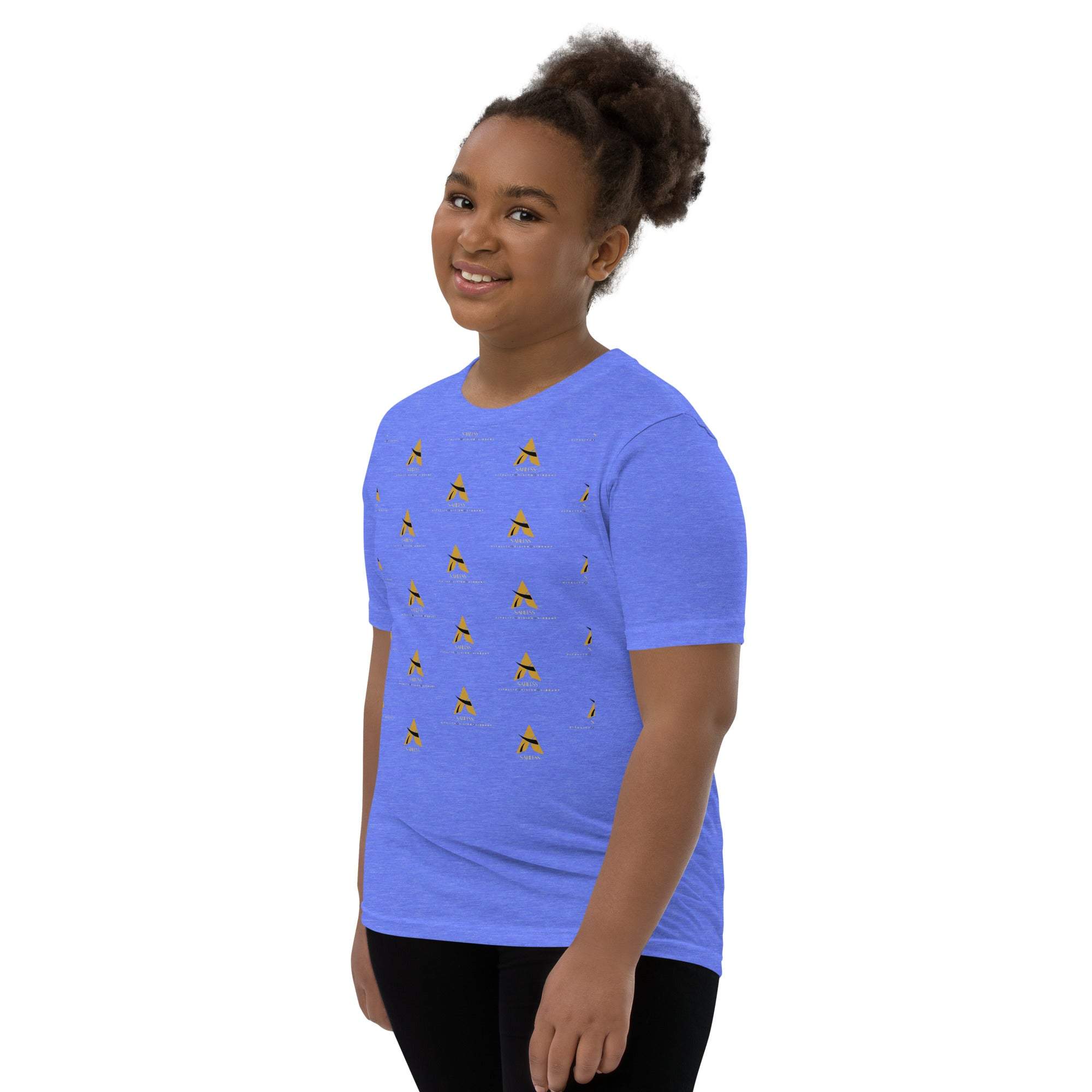 Youth wearing SahLess Short Sleeve T-Shirt in vibrant blue with unique design.