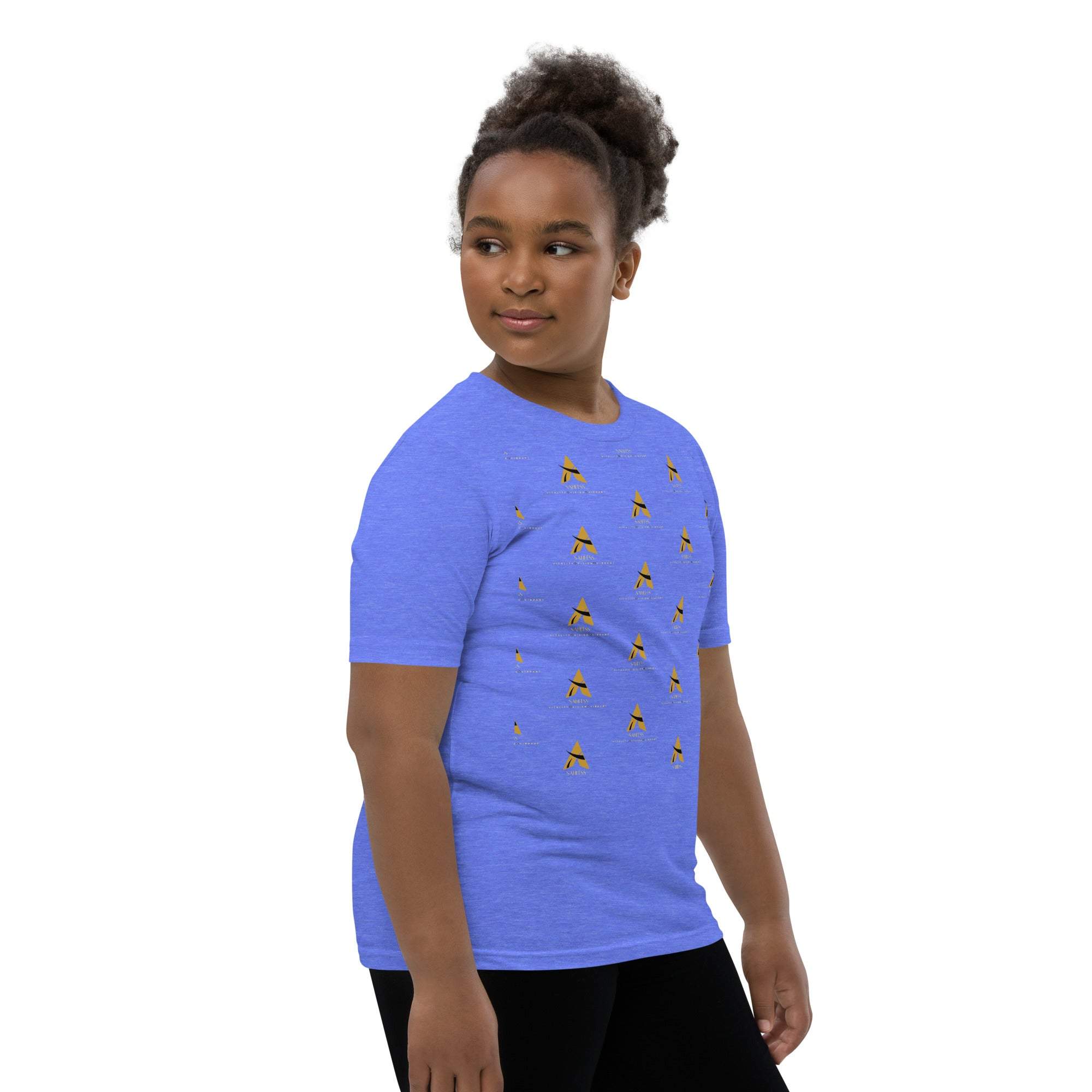Youth wearing blue SahLess Short Sleeve T-Shirt with unique design.