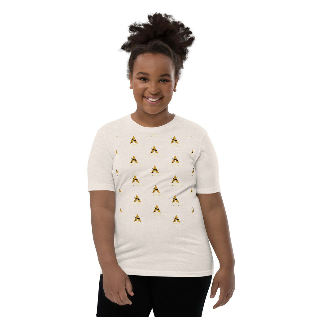 Youth wearing a SahLess Short Sleeve T-Shirt with unique design in white.