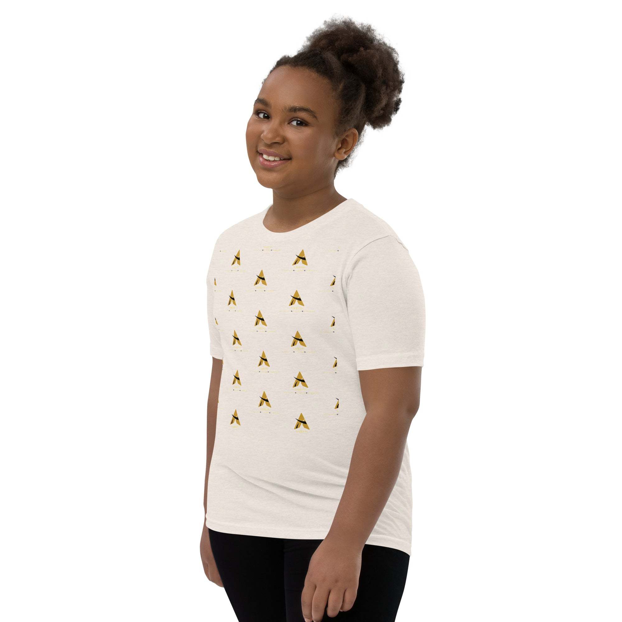 Youth wearing SahLess Short Sleeve T-Shirt in light, soft cotton with unique design.