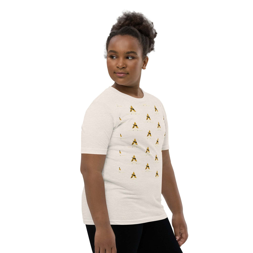 Youth wearing SahLess Short Sleeve T-Shirt in light fabric with unique design.