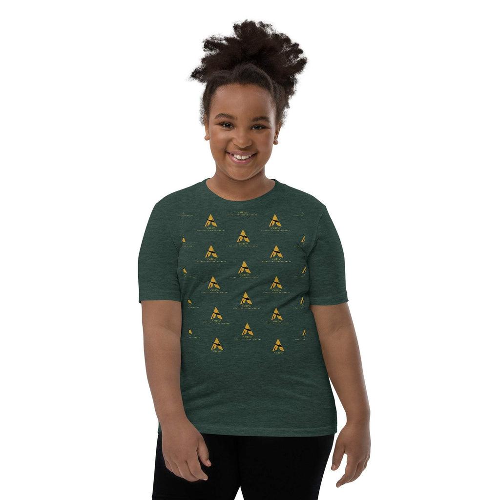 Youth wearing SahLess Short Sleeve T-Shirt, featuring green fabric and unique design, ideal for children's wardrobe.