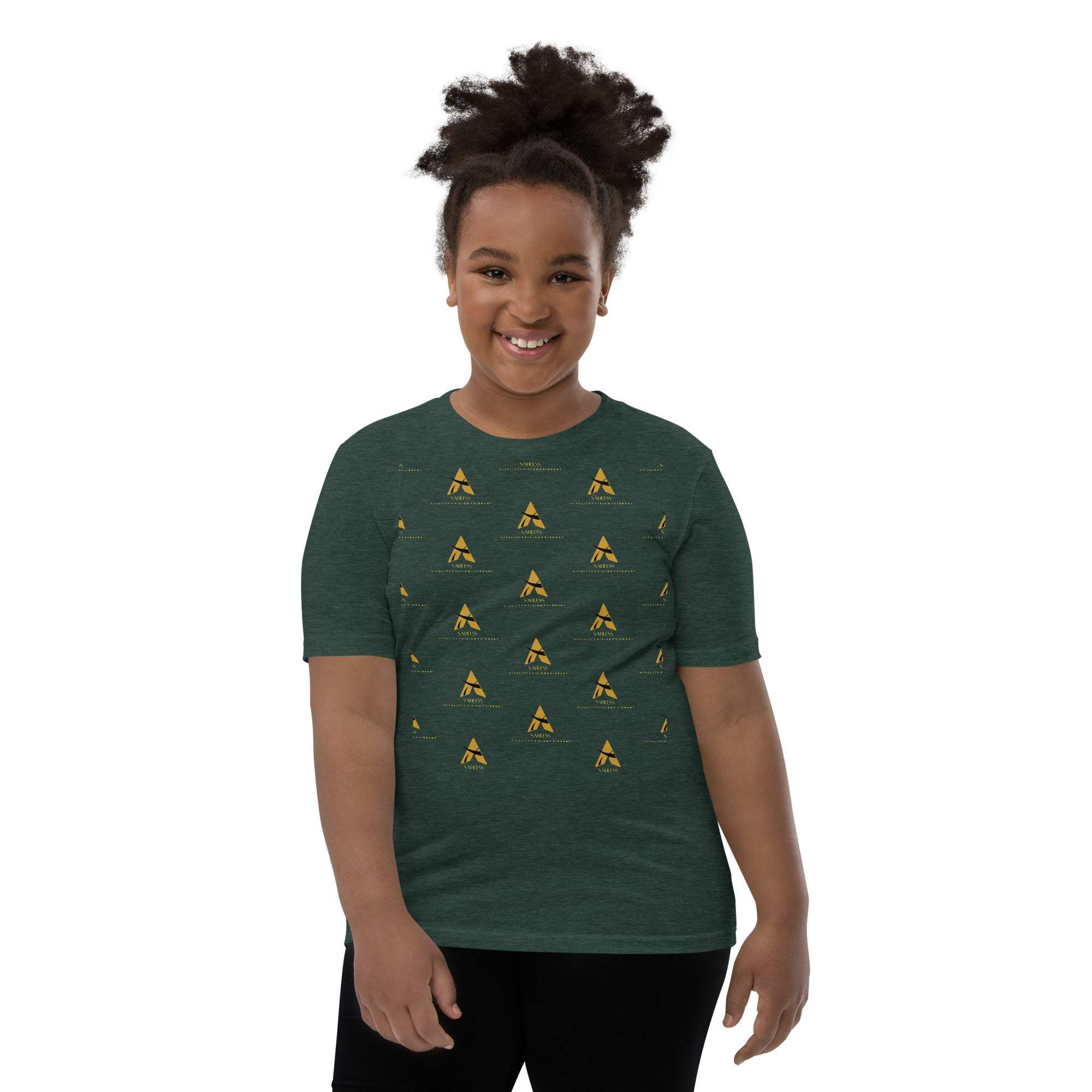 Youth wearing SahLess Short Sleeve T-Shirt, featuring green fabric and unique design, ideal for children's wardrobe.