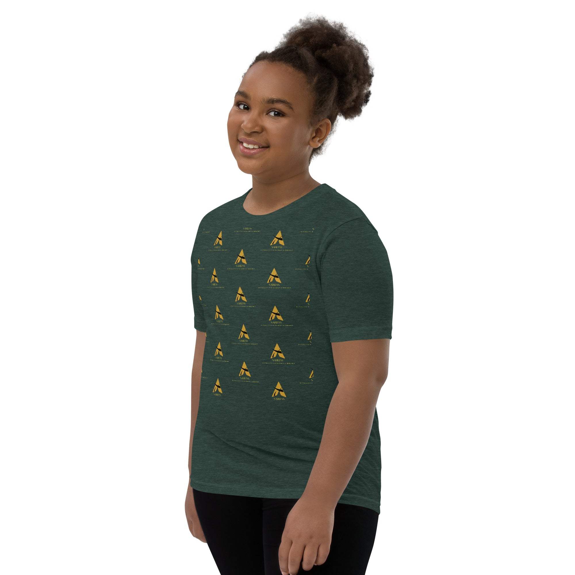 Youth wearing SahLess Short Sleeve Youth T-Shirt, dark green, unique design.