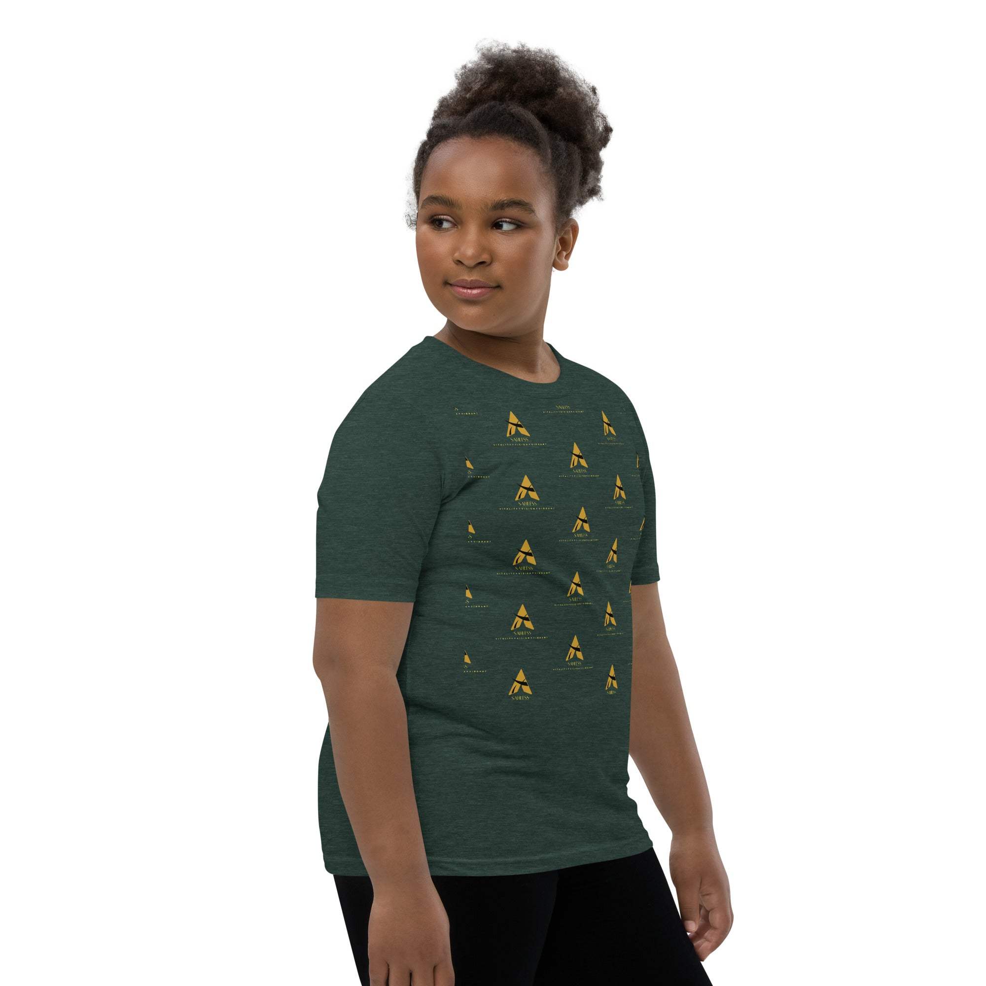 Youth wearing SahLess Short Sleeve T-Shirt with unique design in green.