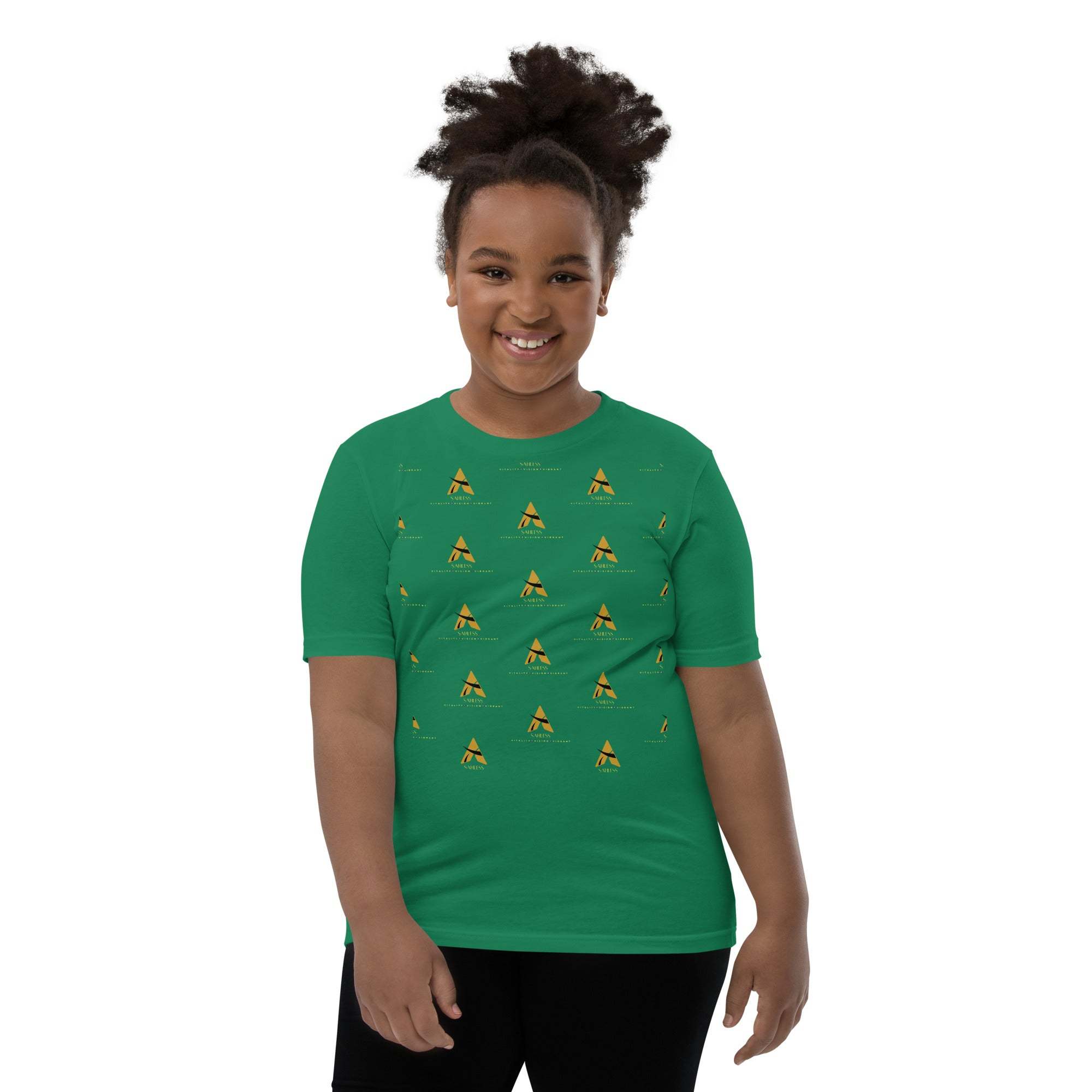 Youth wearing green SahLess Short Sleeve T-Shirt with unique design, smiling.
