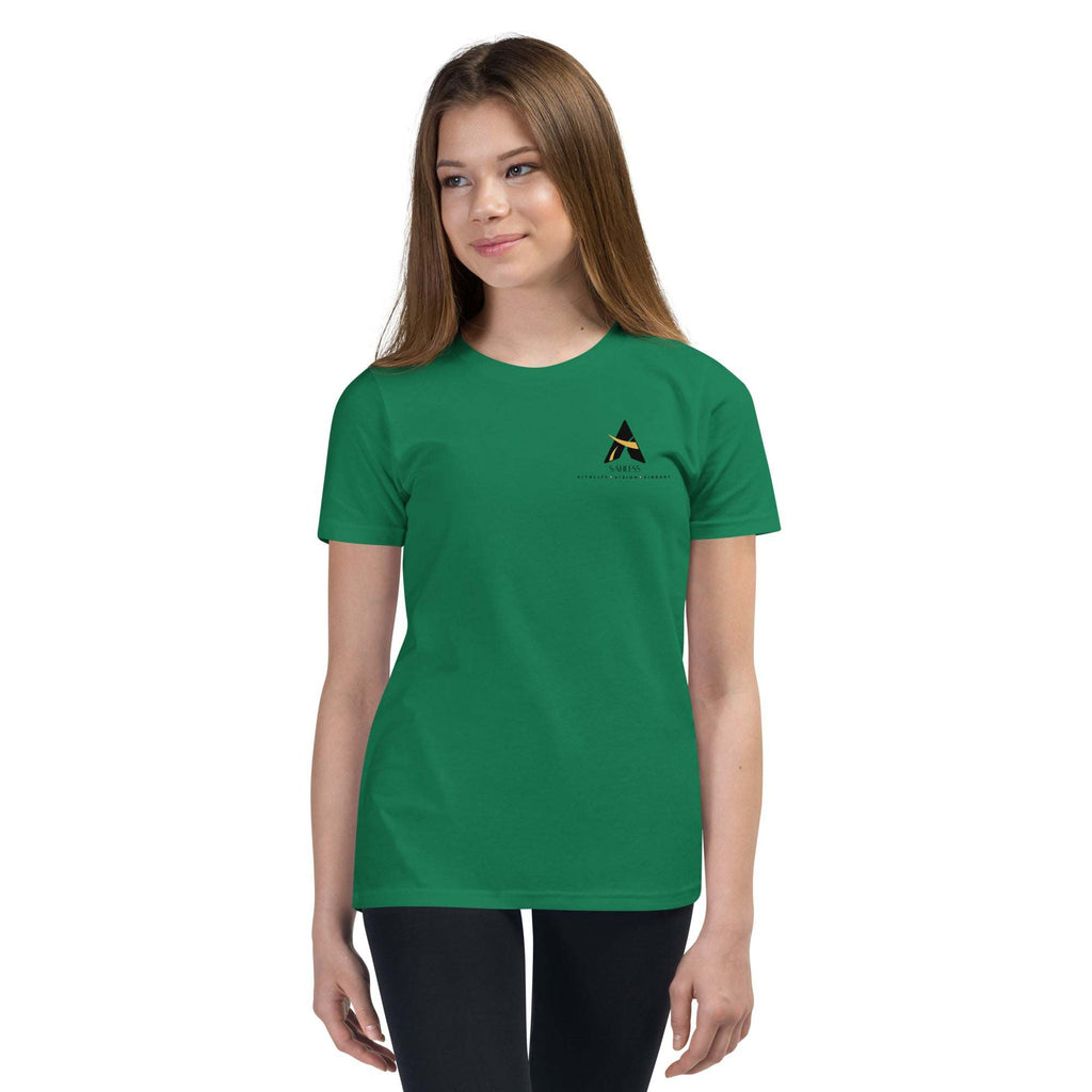 SahLess Short Sleeve Youth T-Shirt, green, worn by young girl, light and soft fabric, unique design.