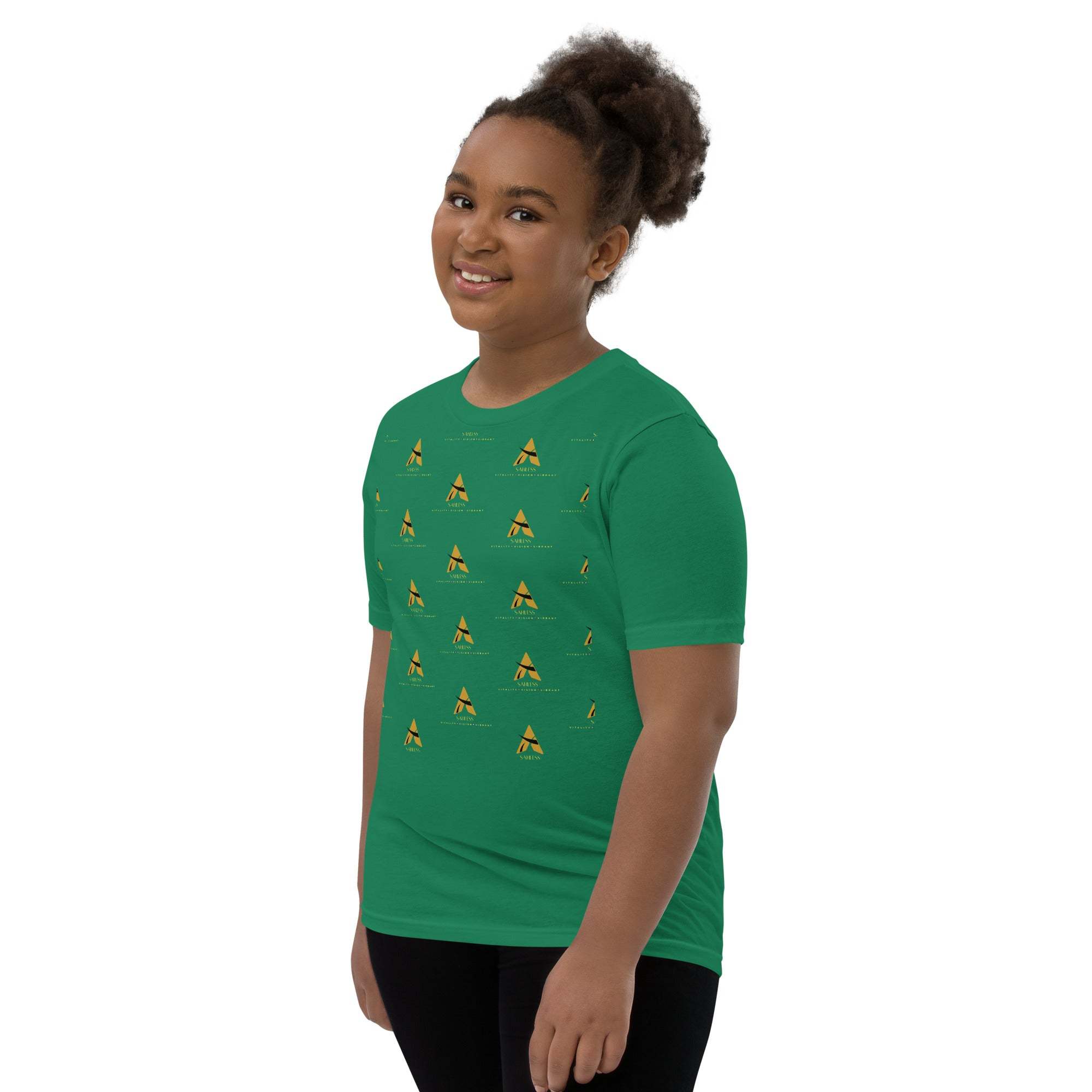 Youth wearing green SahLess Short Sleeve T-Shirt with unique design.