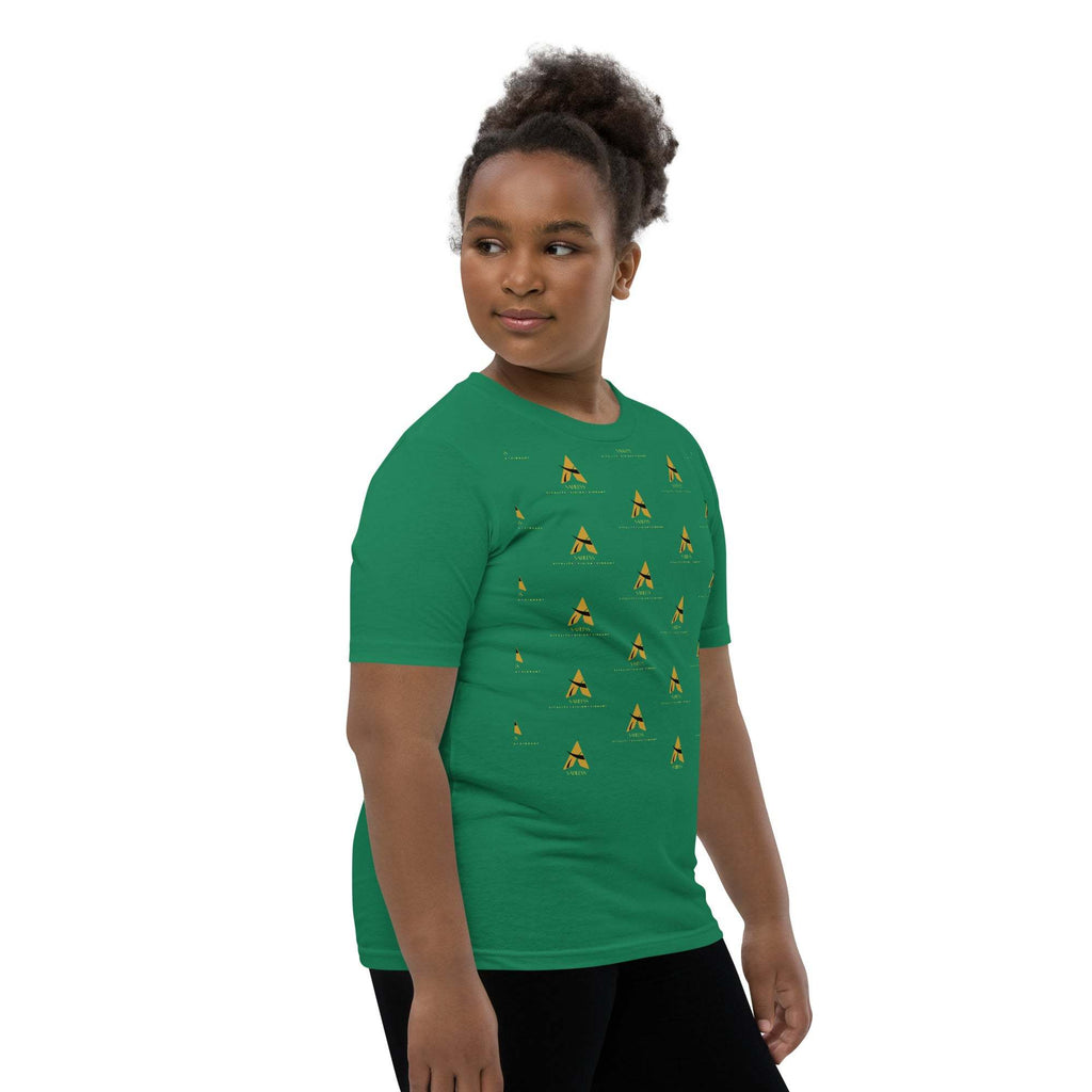 Youth wearing green SahLess Short Sleeve T-Shirt with unique design, standing confidently.