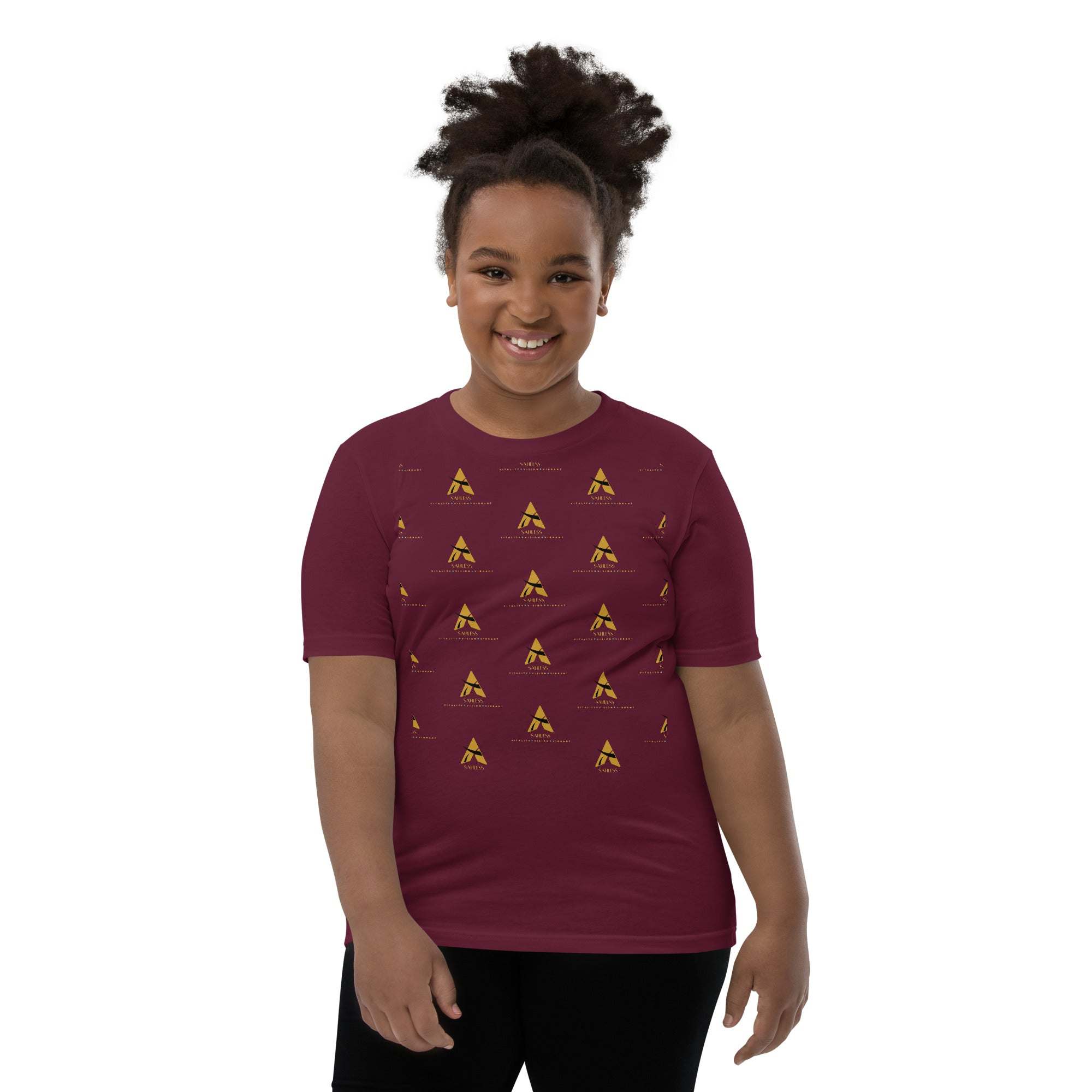 Youth wearing a SahLess Short Sleeve T-Shirt with unique design.