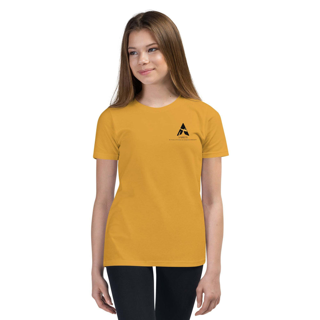 Youth wearing SahLess Short Sleeve T-Shirt, light and soft with unique design.