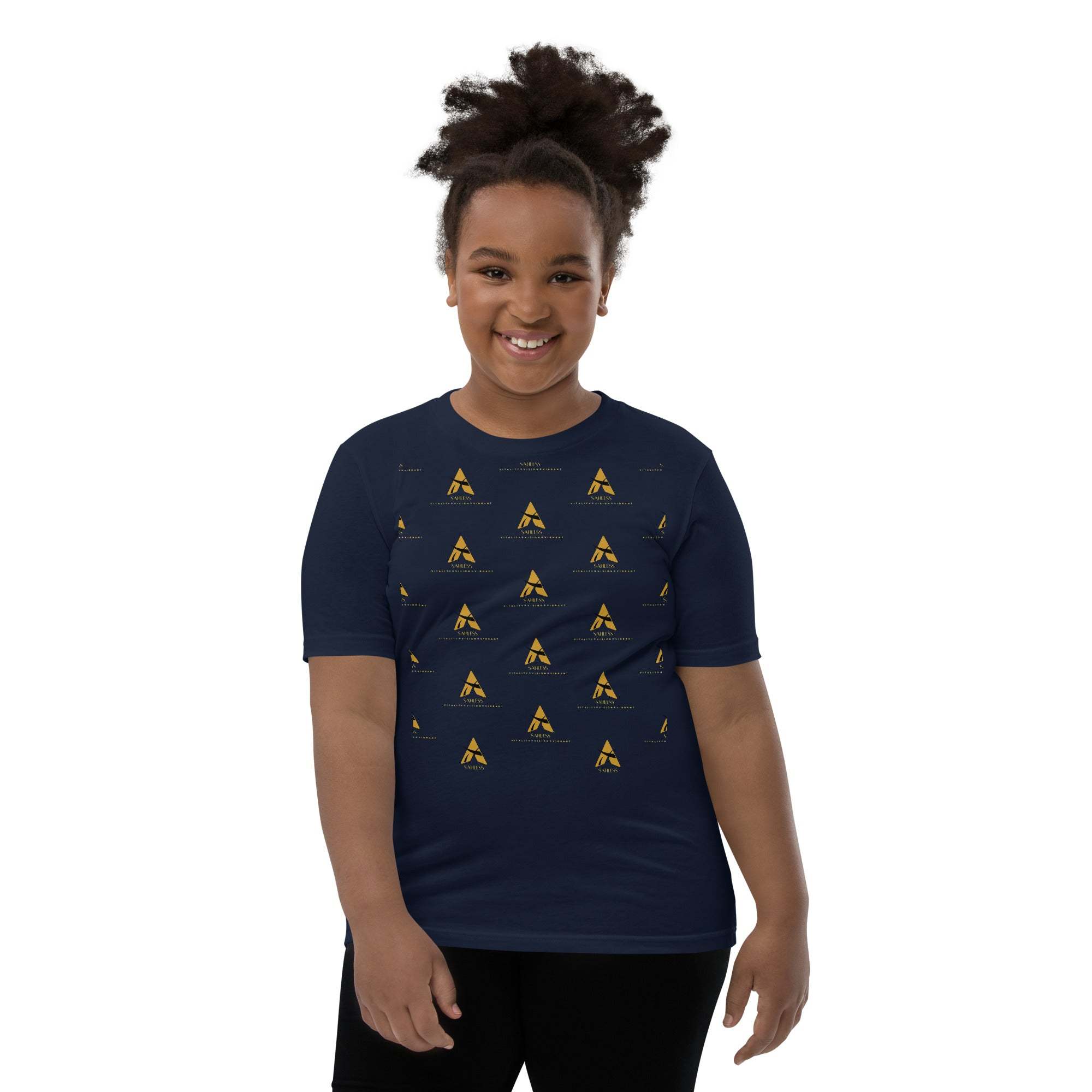 Youth wearing SahLess Short Sleeve T-Shirt, navy blue with a unique design, soft and lightweight fabric.