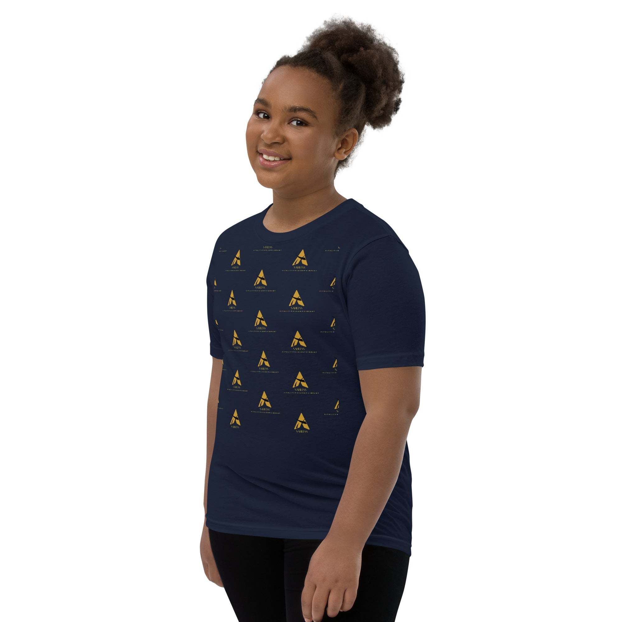 SahLess Short Sleeve Youth T-Shirt in navy with unique design, worn by smiling child.