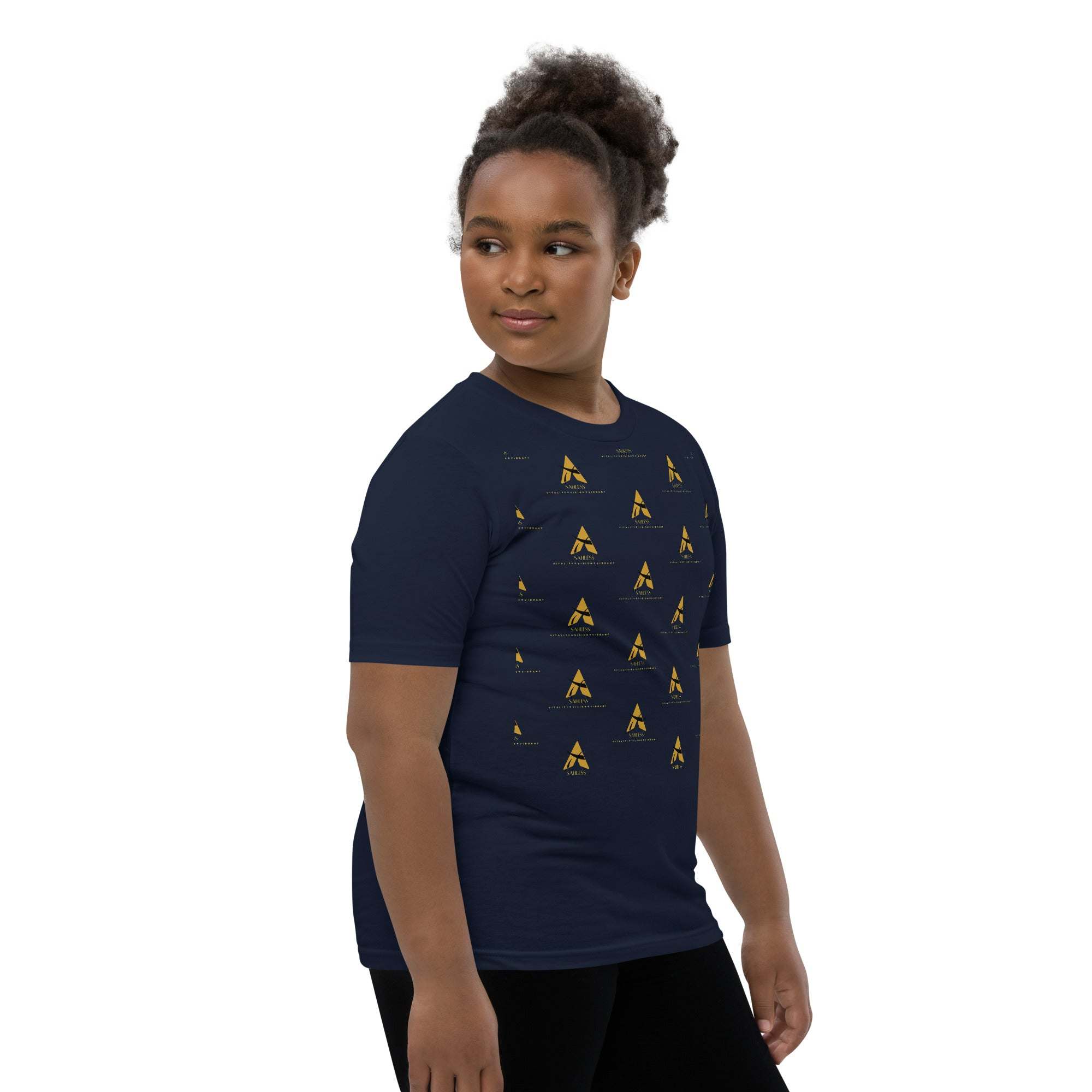 Youth wearing SahLess Short Sleeve T-Shirt in navy with unique design.