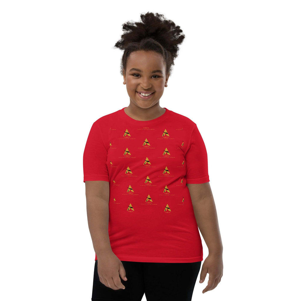 Youth wearing SahLess Short Sleeve T-Shirt in vibrant red with unique design.