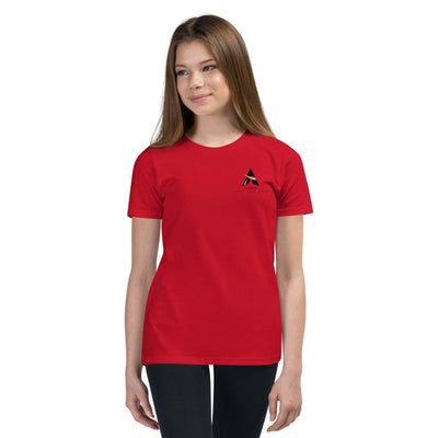 Youth wearing SahLess Short Sleeve T-Shirt, light and soft with unique design, red color.