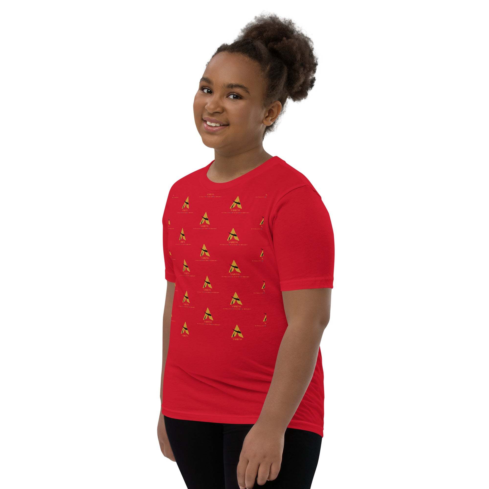 Youth wearing a red SahLess Short Sleeve T-Shirt with unique design.