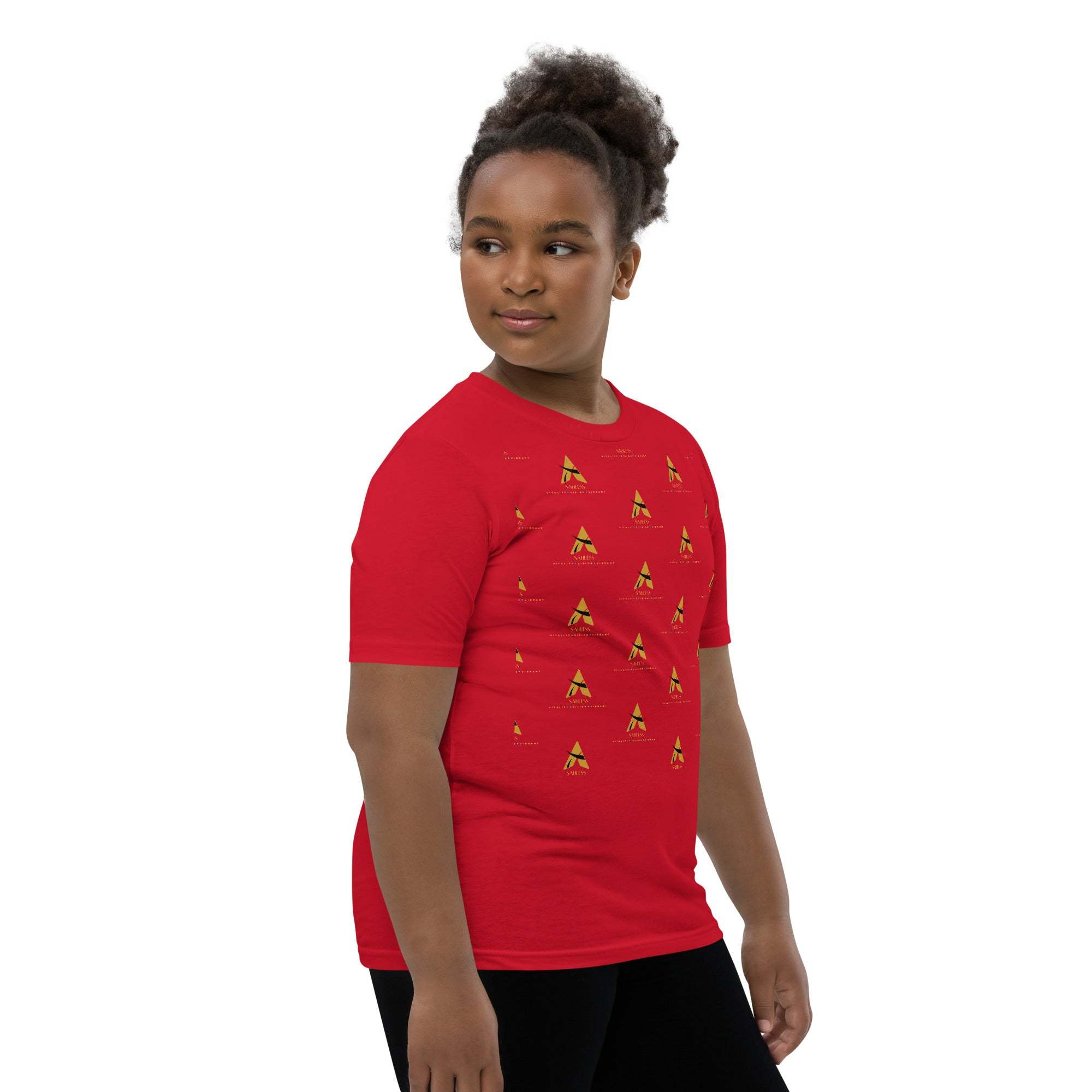 Youth wearing SahLess Short Sleeve T-Shirt, vibrant red with unique design, casual fit.