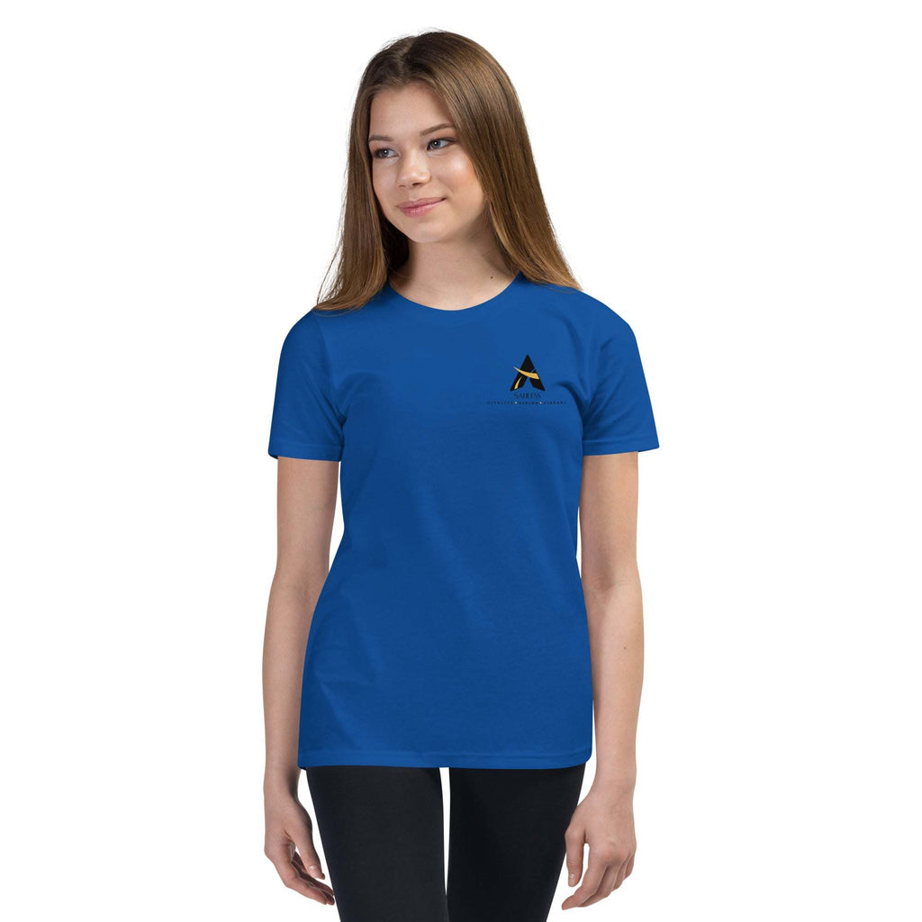 Youth wearing a blue SahLess Short Sleeve T-Shirt with a unique design.
