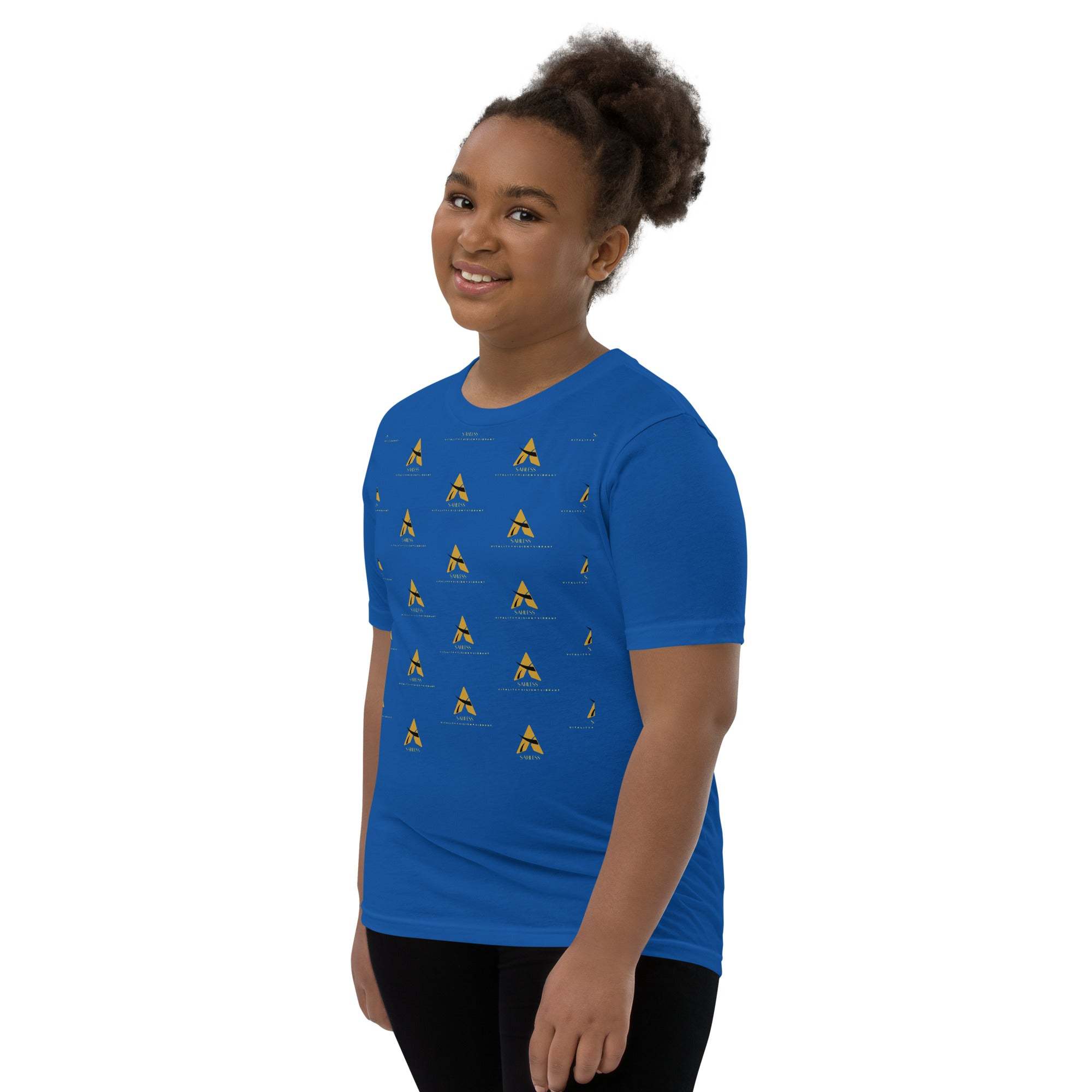 Youth wearing blue SahLess short sleeve T-shirt with unique design.