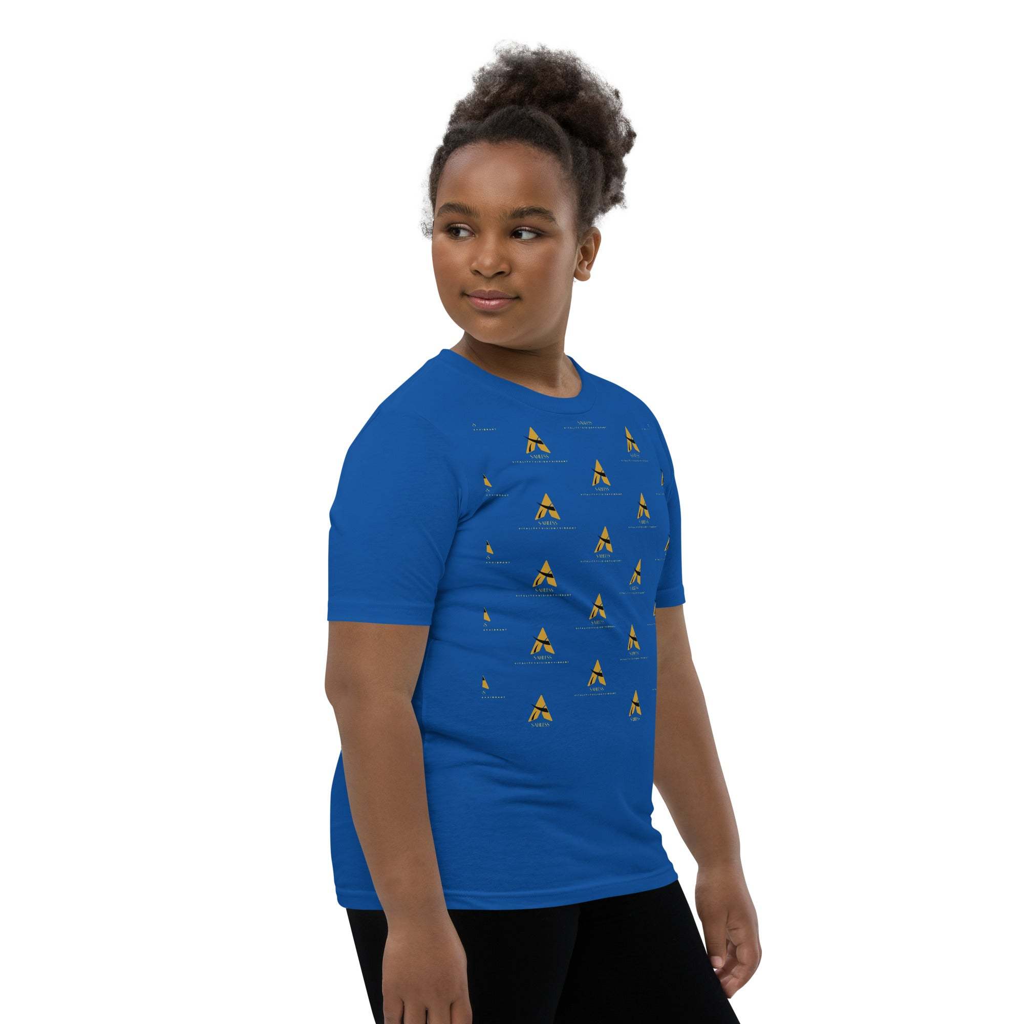 SahLess Short Sleeve Youth T-Shirt in blue with unique design, relaxed fit.