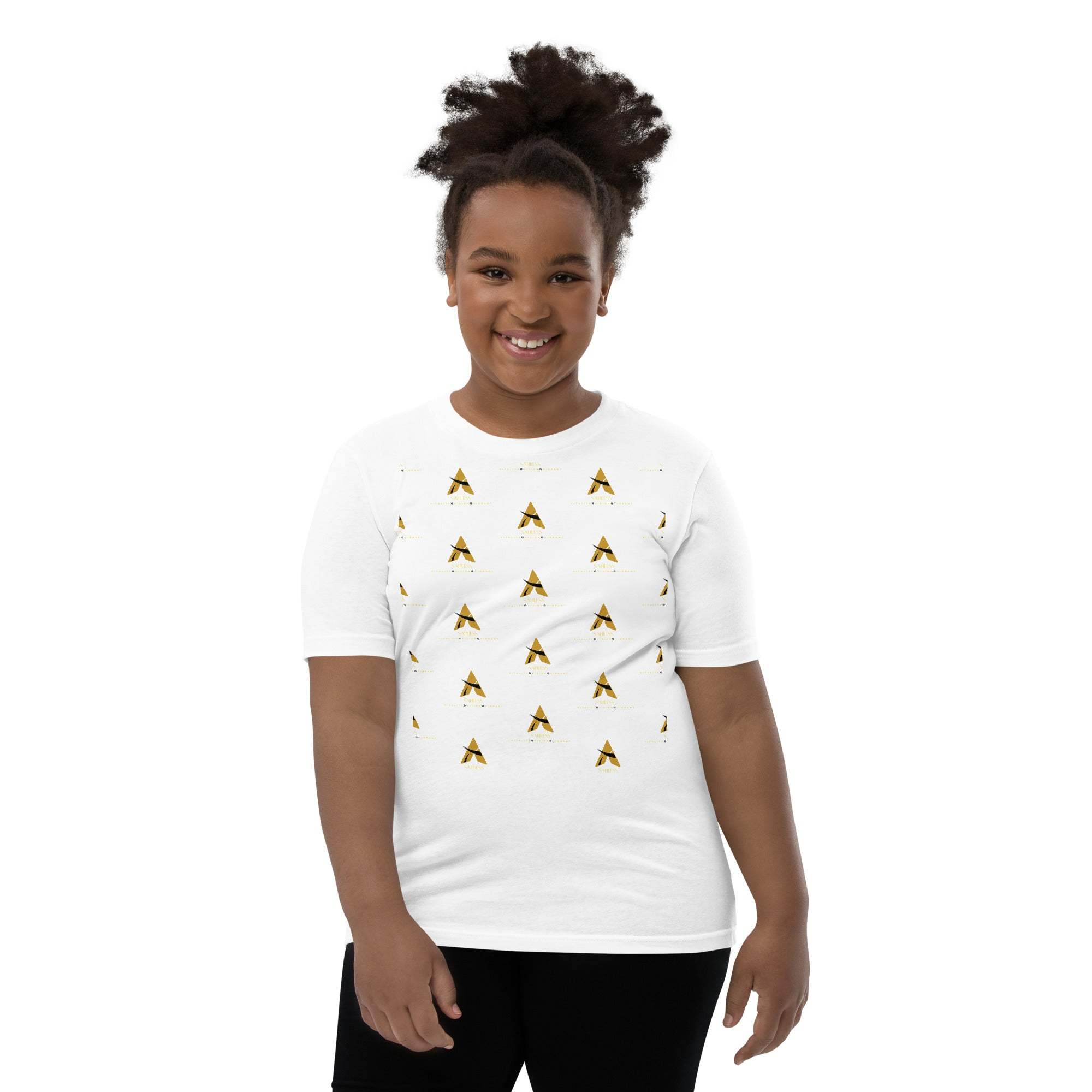 Youth wearing SahLess Short Sleeve T-Shirt, showcasing vibrant design and soft cotton fabric.