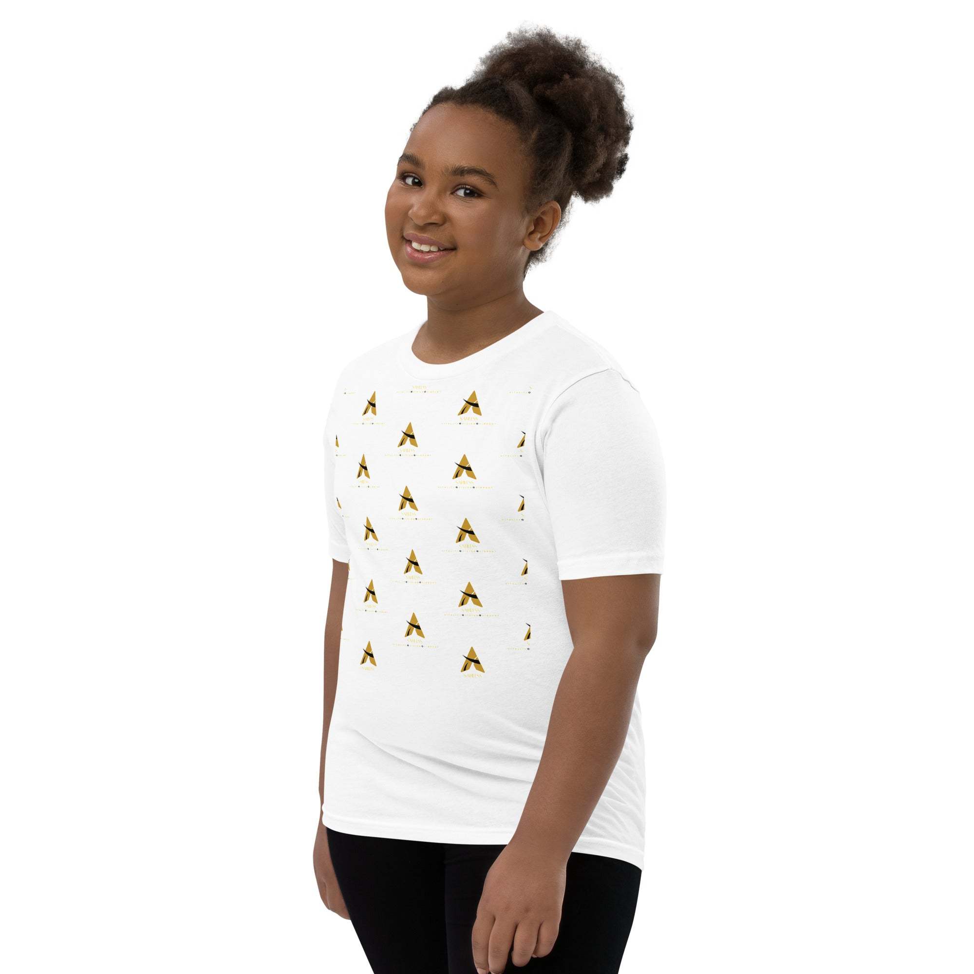 Youth wearing SahLess Short Sleeve T-Shirt with unique design, white color.