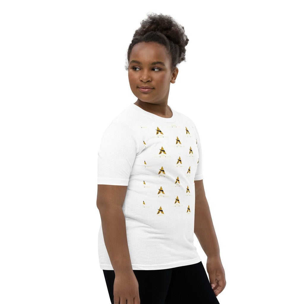 SahLess Short Sleeve Youth T-Shirt in white with unique design, worn by a young girl.